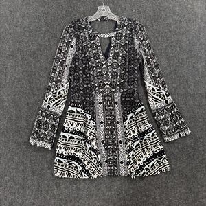 Free People Tegan Border Printed Dress Women's 4 Black Geometric Bell Sleeve